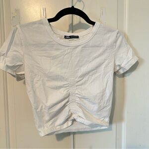 Zara White Ruched Short Sleeve Tee